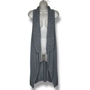 Lane Bryant Gray Duster Vest Waterfall Neck Sequin Beads Open Weave Women 14/16